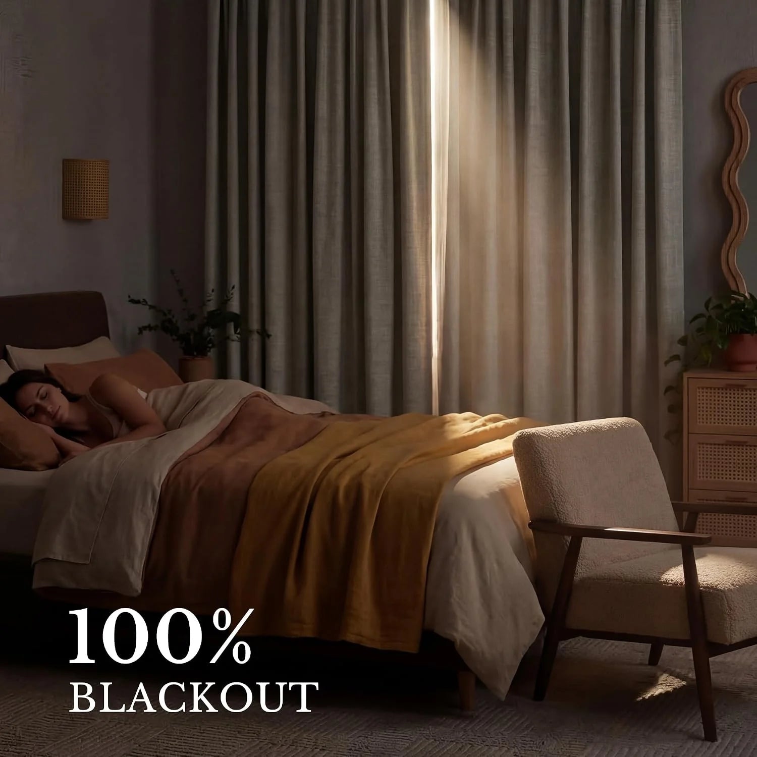 Light gray blackout curtains in a peaceful bedroom, a woman sleeping deeply.
