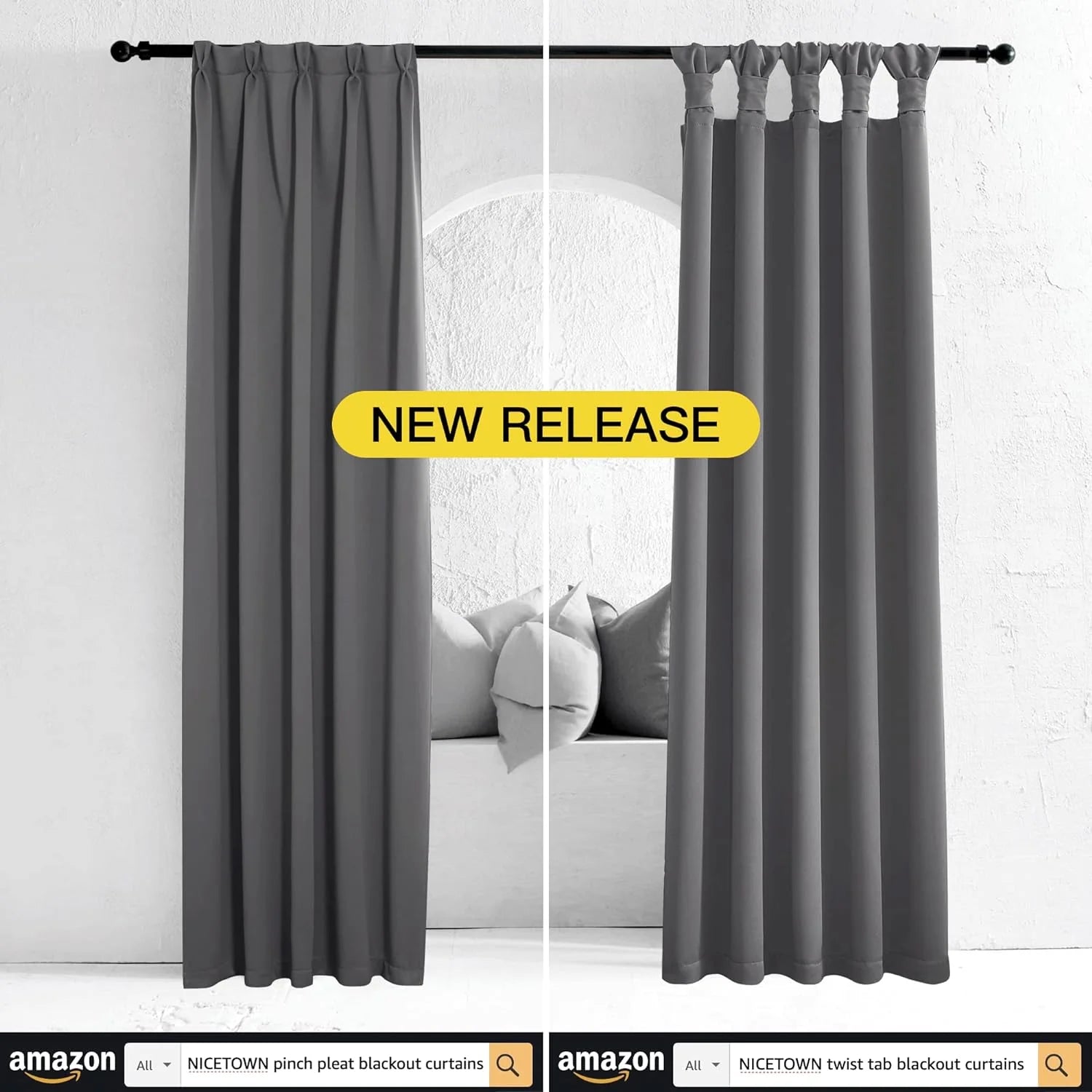 Gray blackout curtains shown in pinch pleat and twist tab top styles on a black rod
