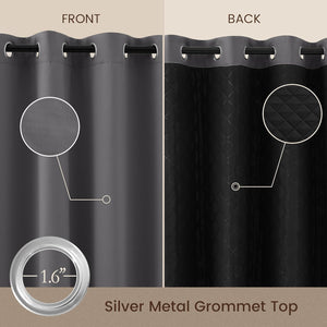 Gray blackout curtain with silver grommet top. Front shows plain fabric, back features quilted black thermal lining.