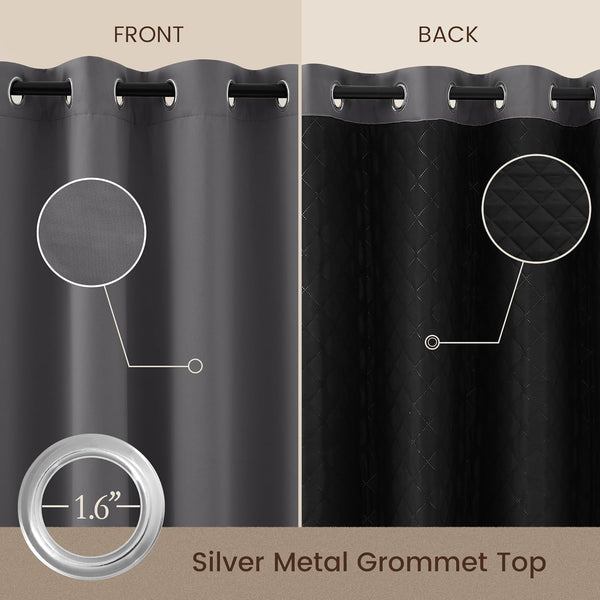 Gray blackout curtain with silver grommet top. Front shows plain fabric, back features quilted black thermal lining.