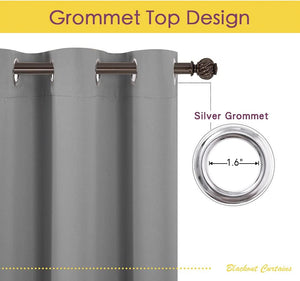 Gray blackout curtain showing silver grommet top design. Features a 1.6-inch silver grommet on a dark rod.