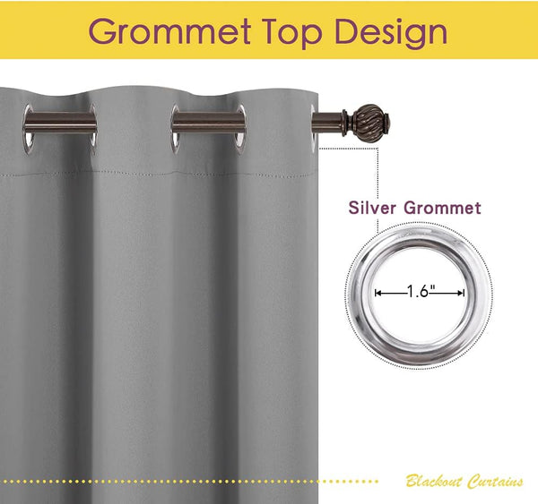 Gray blackout curtain showing silver grommet top design. Features a 1.6-inch silver grommet on a dark rod.