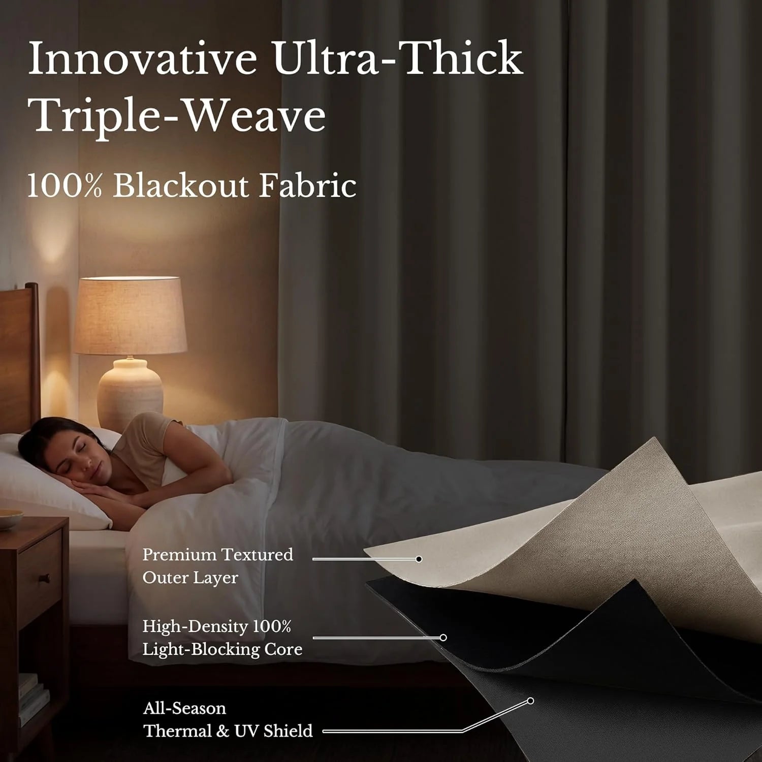 Gray triple-weave blackout curtains shown in a cozy bedroom with a sleeping woman, highlighting multi-layer fabric.