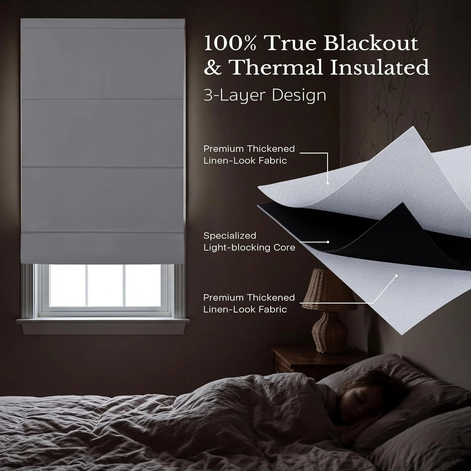 Gray blackout Roman shade in a dark bedroom with a sleeping child, detailing its 3-layer thermal insulated fabric.