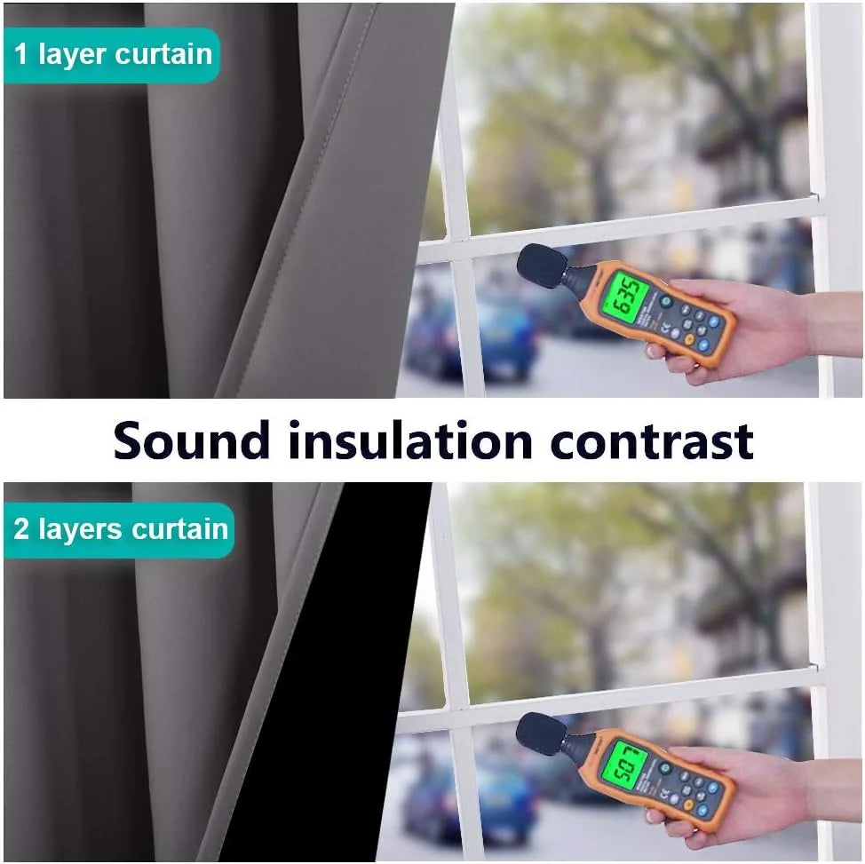 Gray blackout curtain sound insulation comparison showing one-layer vs two-layer panels by a window
