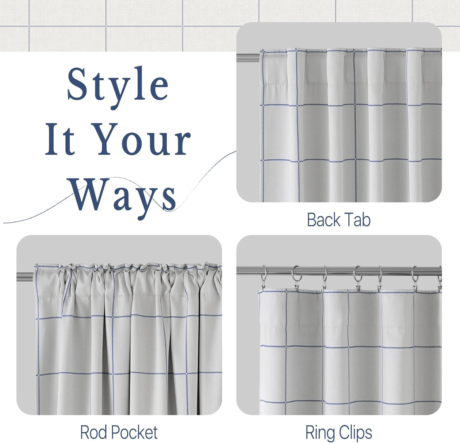 Light gray curtain with blue windowpane pattern, showing rod pocket, back tab, and clip ring hanging.