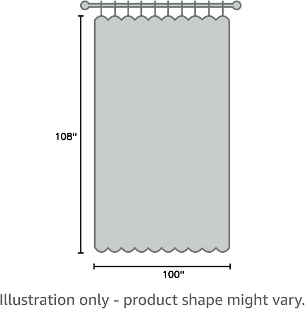 Illustrated gray grommet top curtain, 108 inches long by 100 inches wide, with wavy bottom hem.