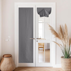 Gray fabric door window privacy panels shown on white French doors, one full length, one tie-up style.