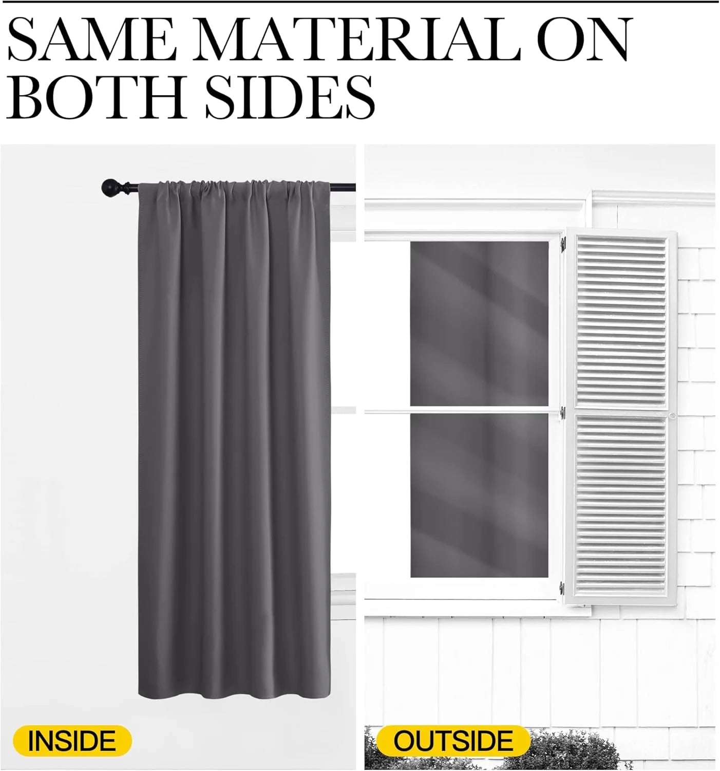 Gray curtain panel shown from inside and outside with same fabric on both sides