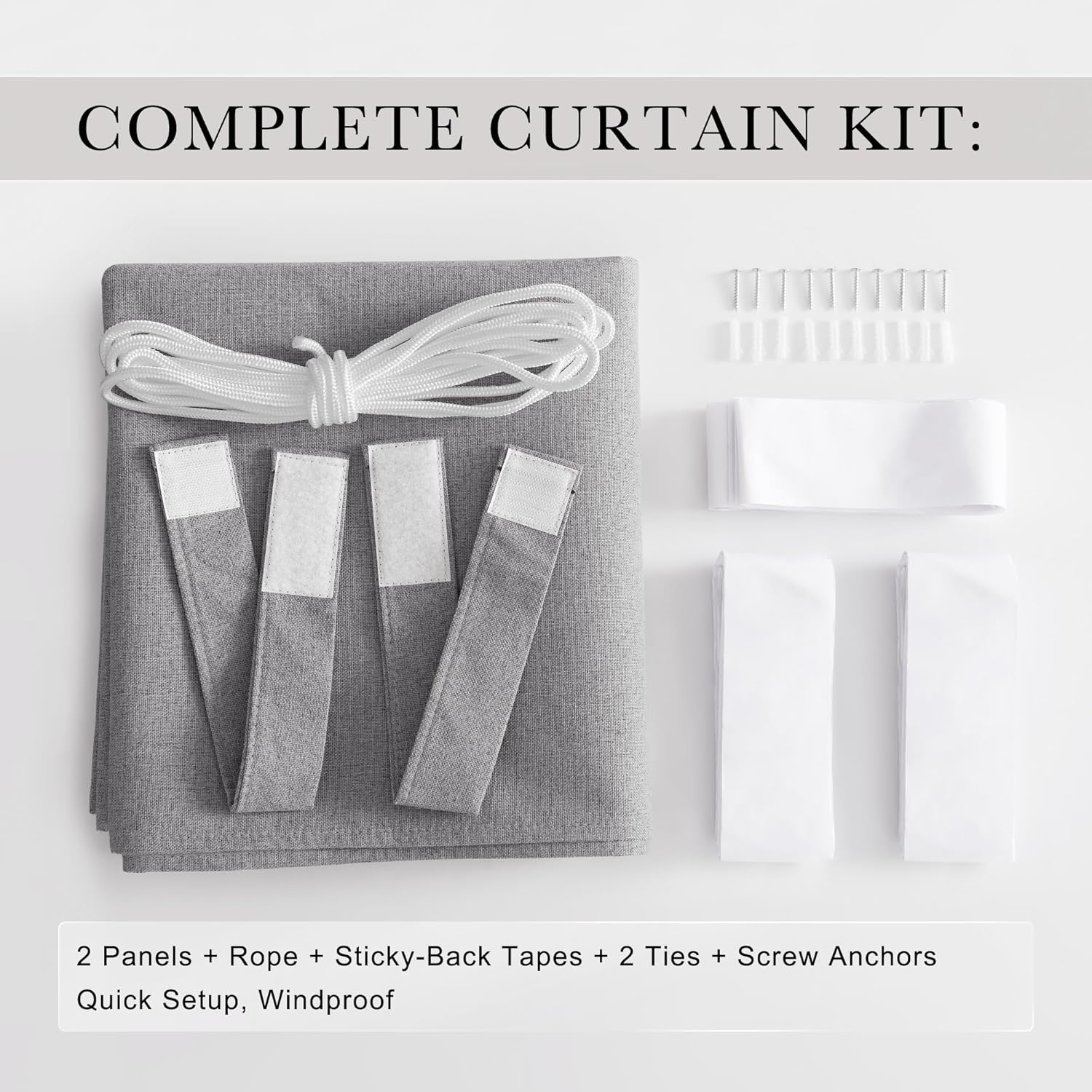 Complete light gray fabric curtain kit showing panels, white rope, sticky tapes, two ties, and screw anchors.