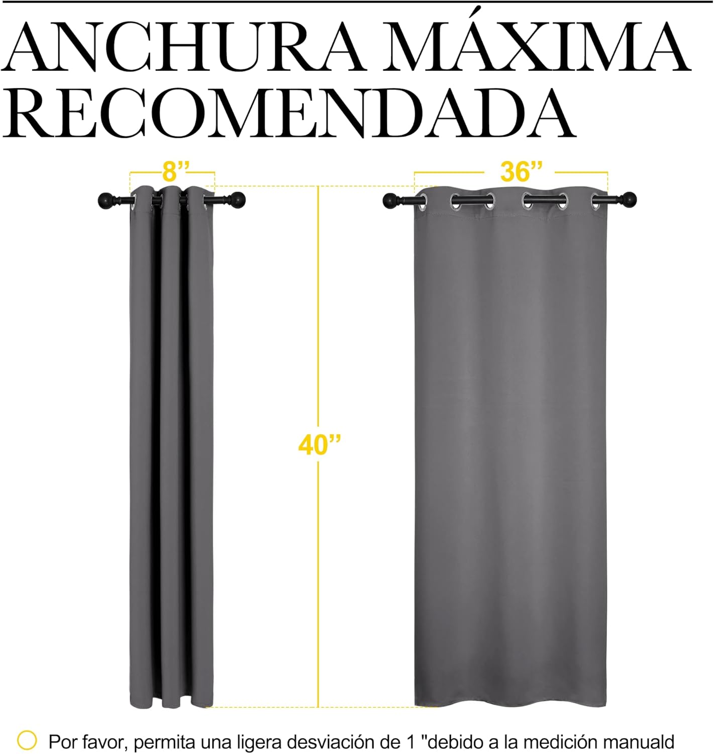 Gray grommet curtain panel, 40 inches long, shown at 8 and 36 inches wide on a rod.