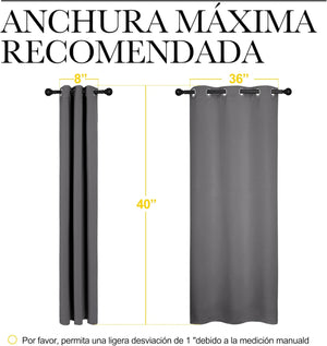 Gray grommet curtain panel, 40 inches long, shown at 8 and 36 inches wide on a rod.