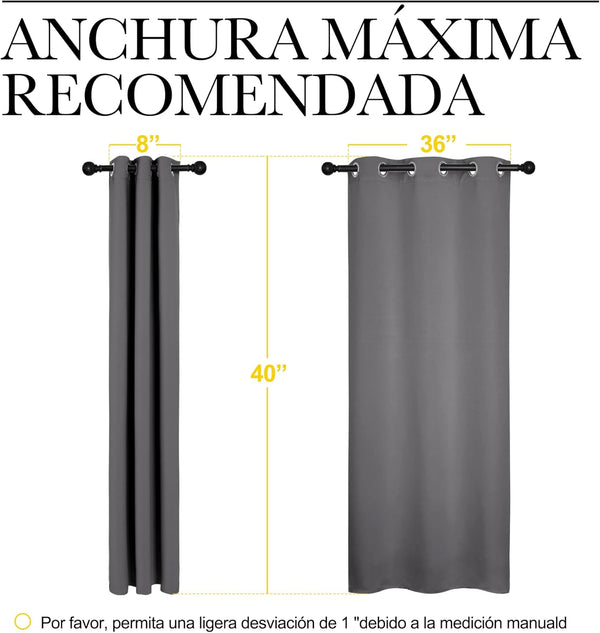 Gray grommet curtain panel, 40 inches long, shown at 8 and 36 inches wide on a rod.