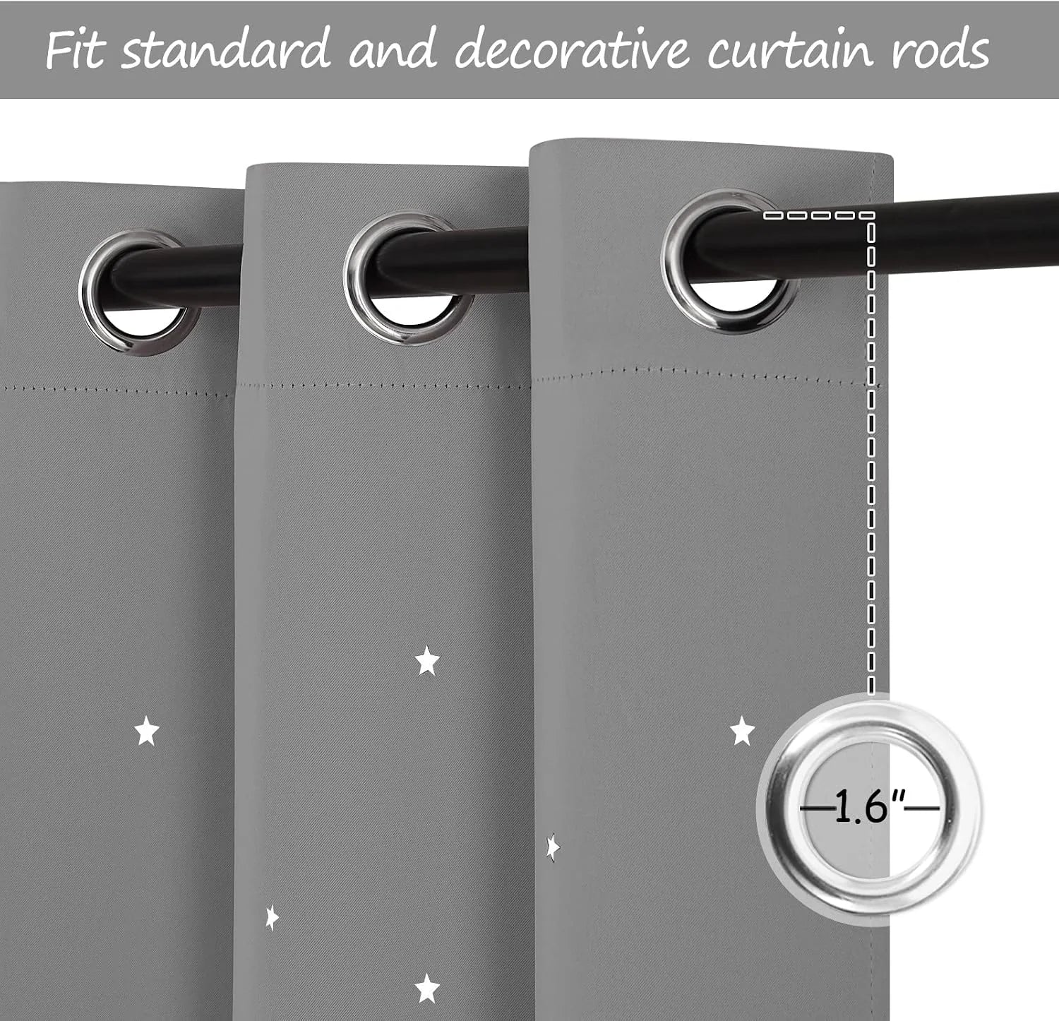 Gray star-pattern curtain panel with silver grommets on a black curtain rod