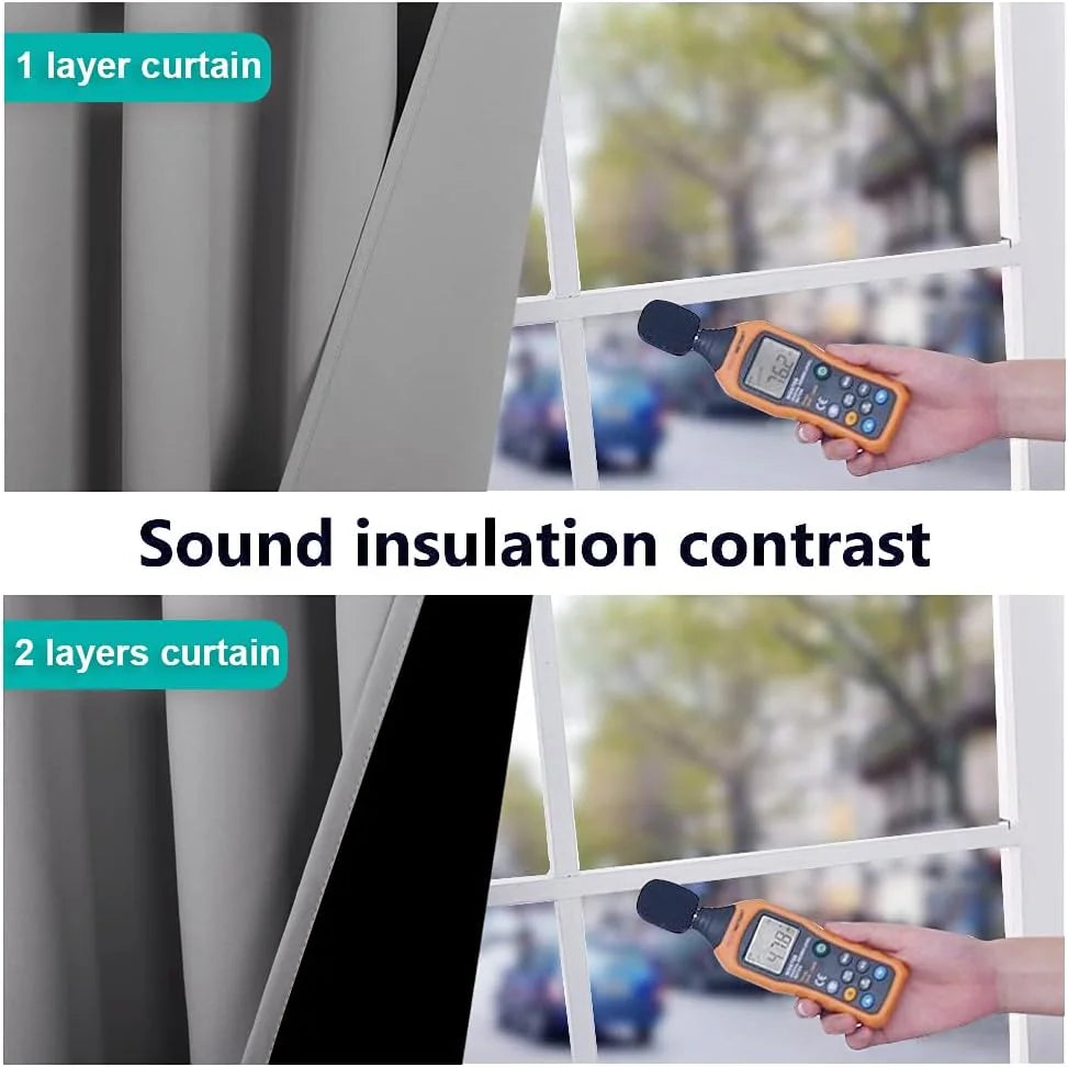 Gray curtain sound insulation comparison showing one-layer vs two-layer panels by a window
