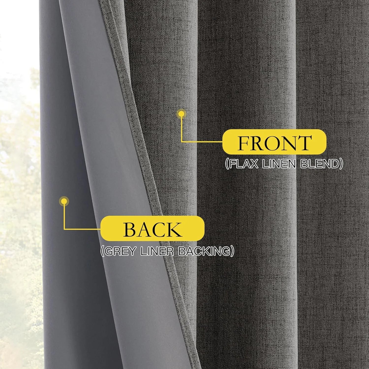 Gray linen blend blackout curtain with smooth gray liner backing shown in close-up