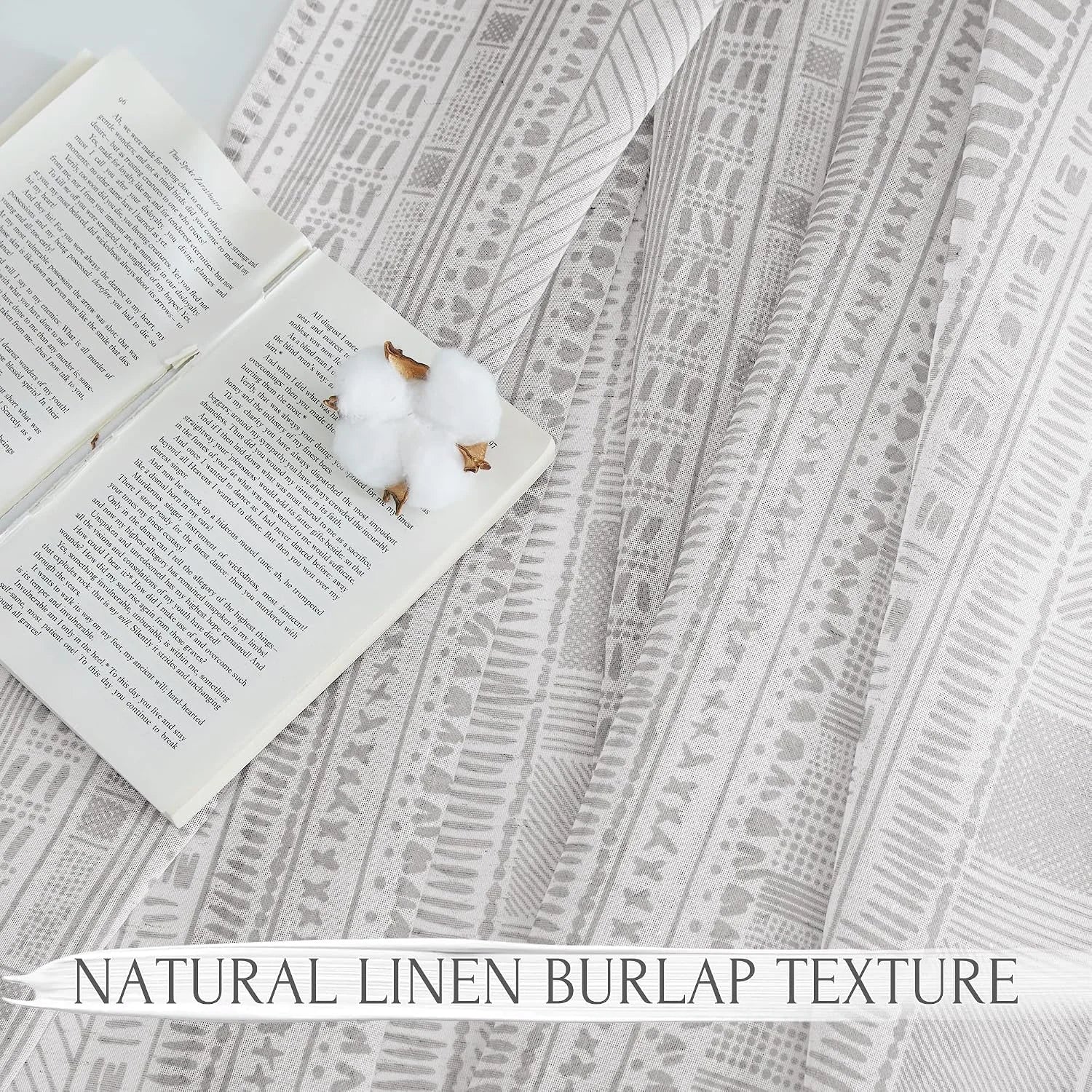 Gray patterned sheer linen burlap curtain fabric with open book and cotton stem