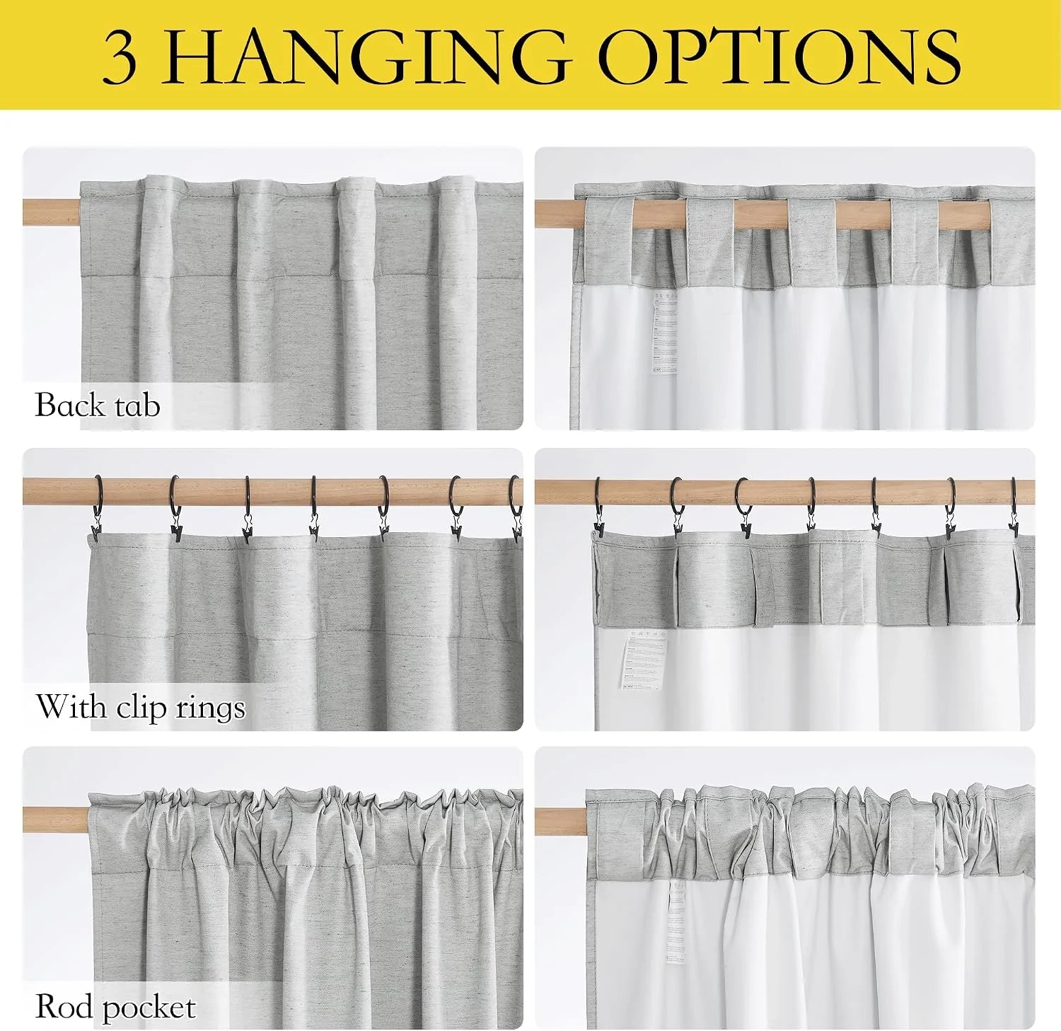 Chart showing three hanging options for gray linen curtains: back tab, clip rings, and rod pocket