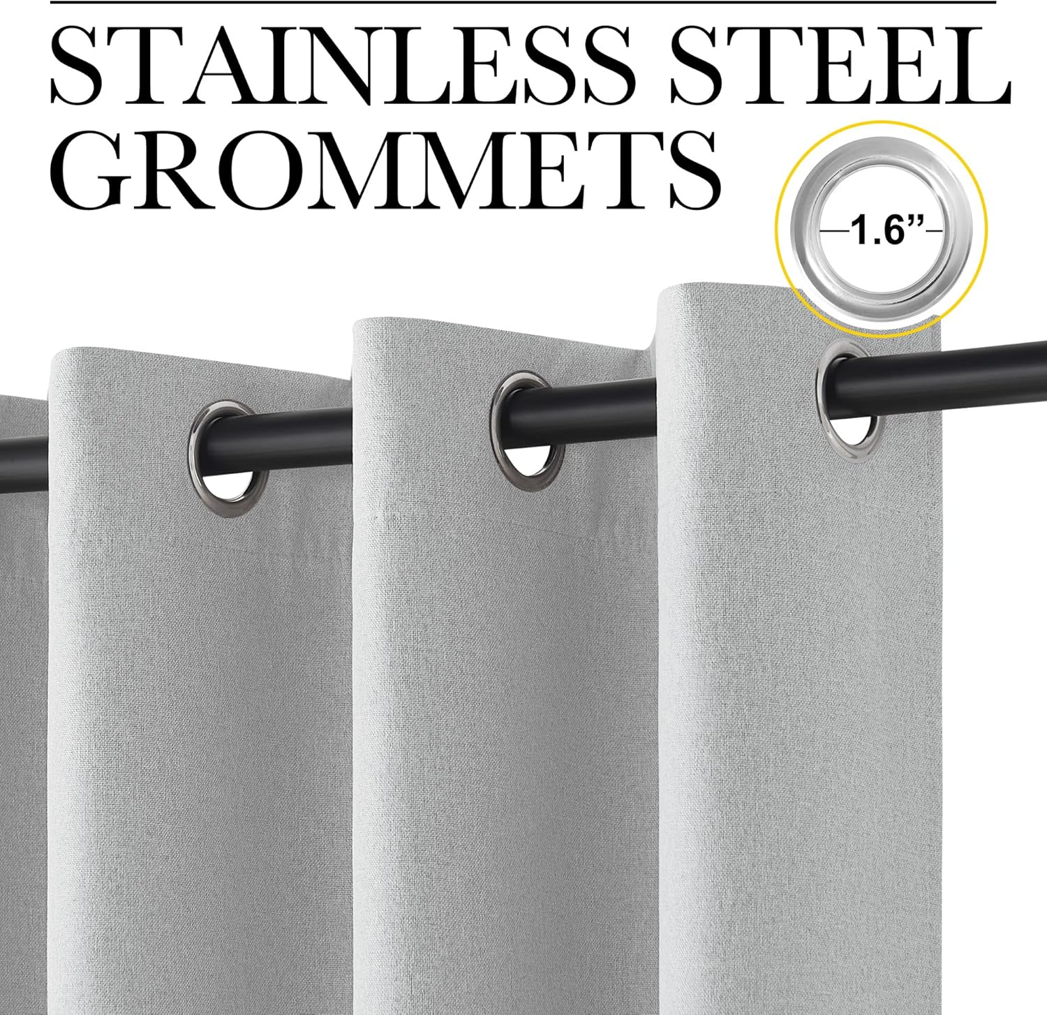 Close-up of light gray linen-texture grommet top curtains hanging on a black rod, featuring 1.6 inch stainless steel grommets.