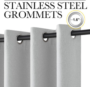 Close-up of light gray linen-texture grommet top curtains hanging on a black rod, featuring 1.6 inch stainless steel grommets.