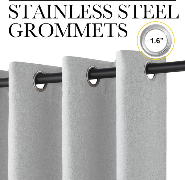 Close-up of light gray linen-texture grommet top curtains hanging on a black rod, featuring 1.6 inch stainless steel grommets.