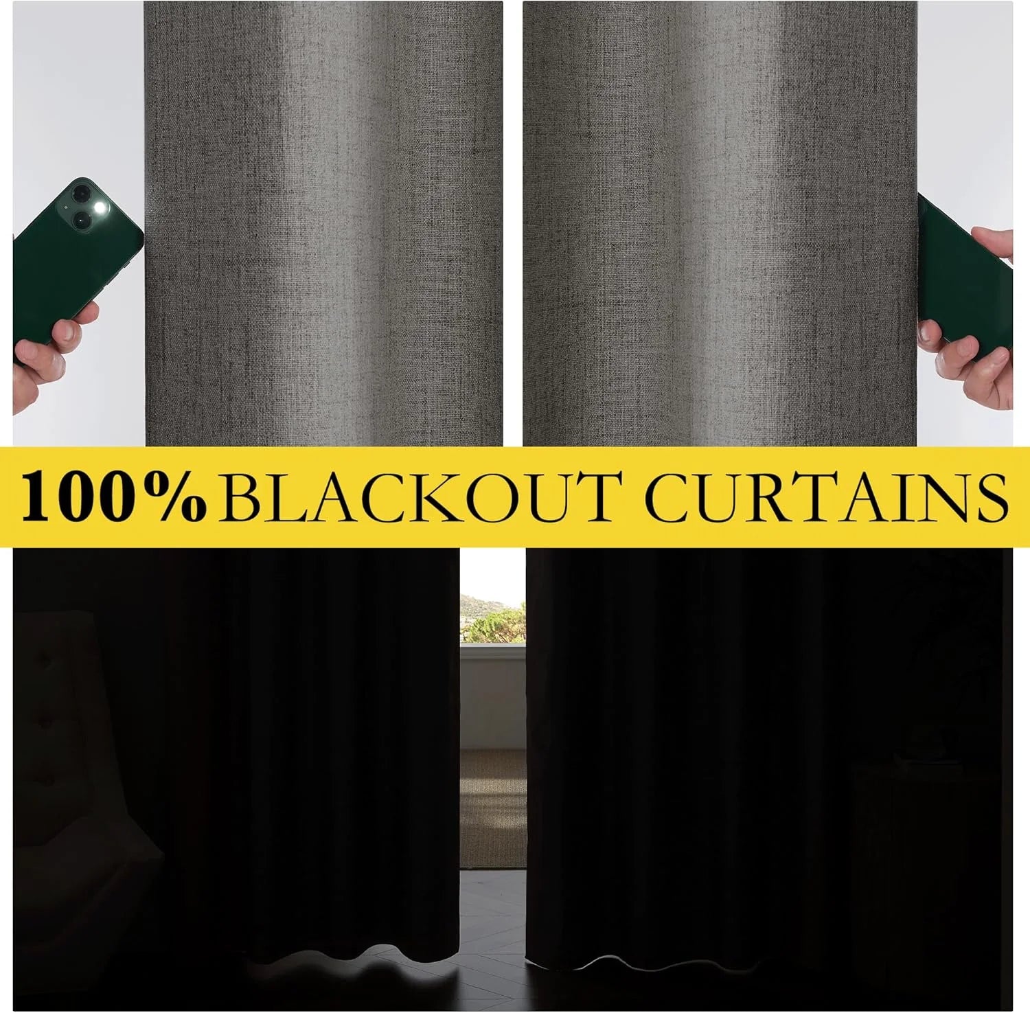 Gray linen-look blackout curtains blocking phone flash and daylight in a room