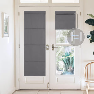 Dark gray magnetic blackout door shades on white French doors. Magnetic no-drill installation.