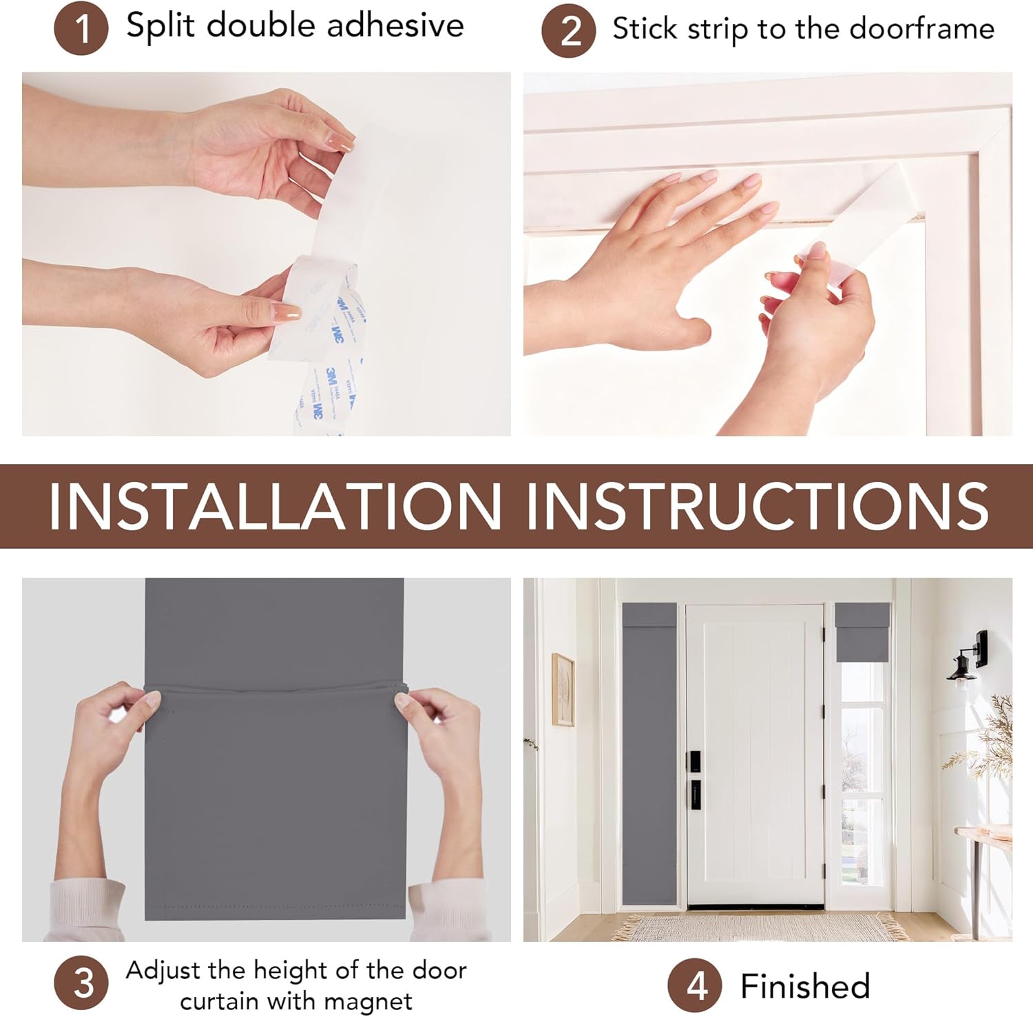 Installation guide showing steps to apply gray magnetic door window blinds to a white front door.