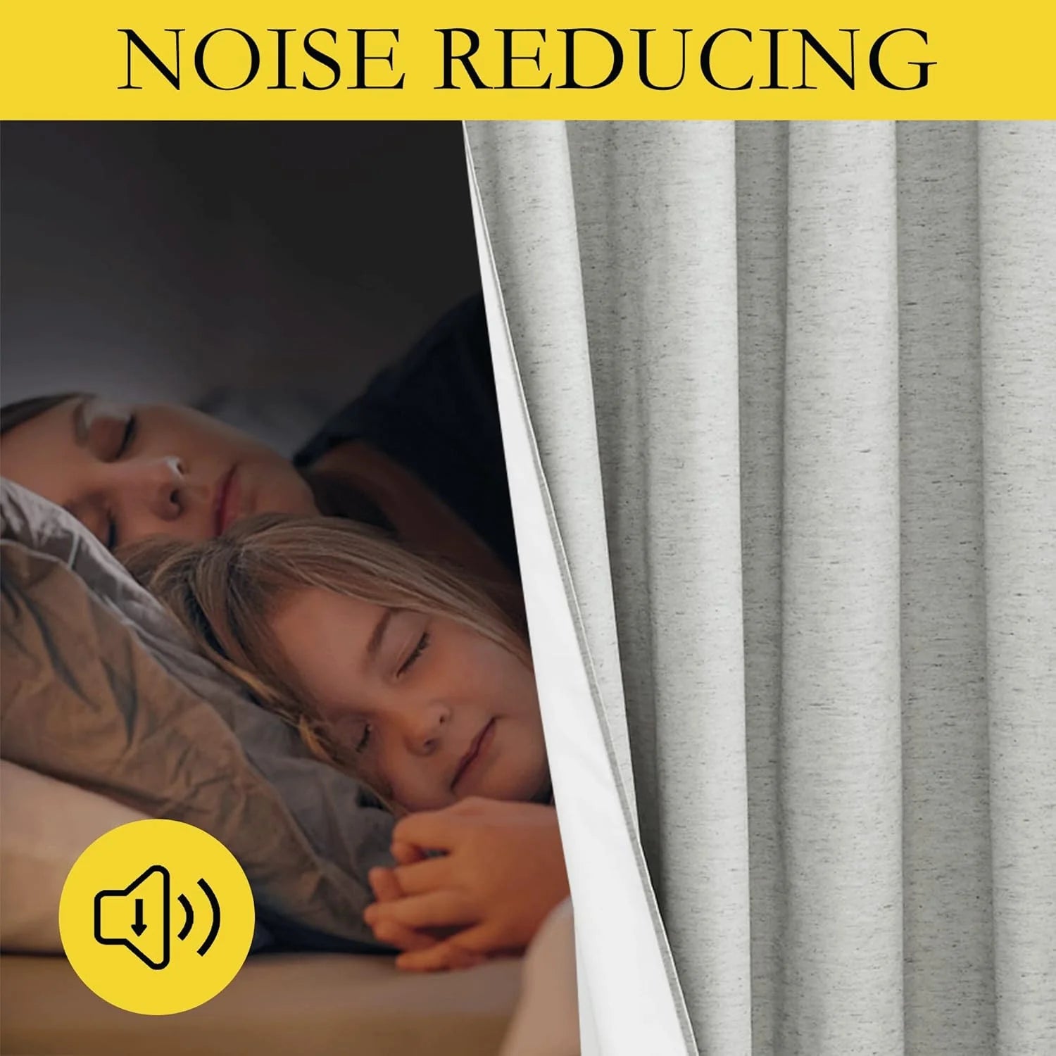 Light gray noise-reducing curtain beside a sleeping woman and child in bed