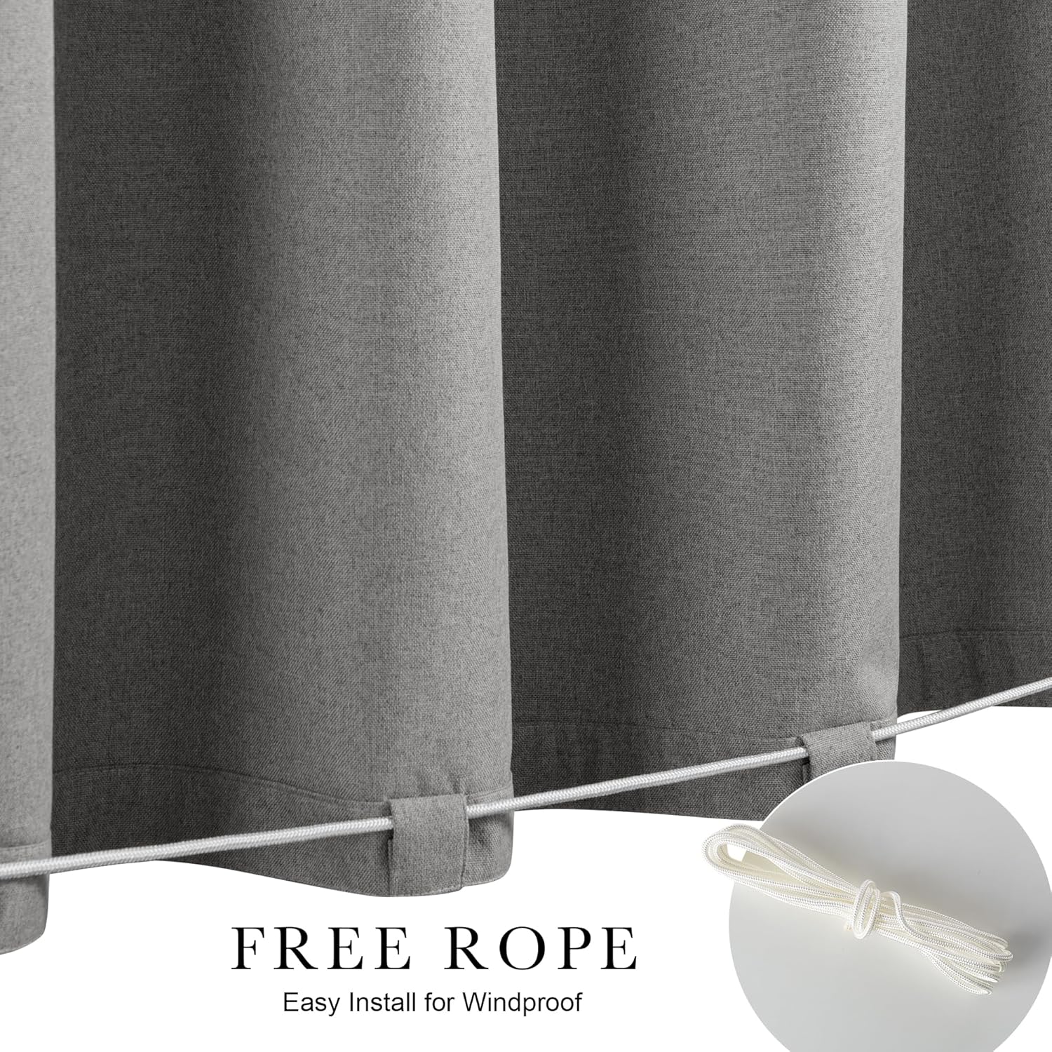 Gray textured outdoor curtains with bottom loops and white rope for windproof installation.