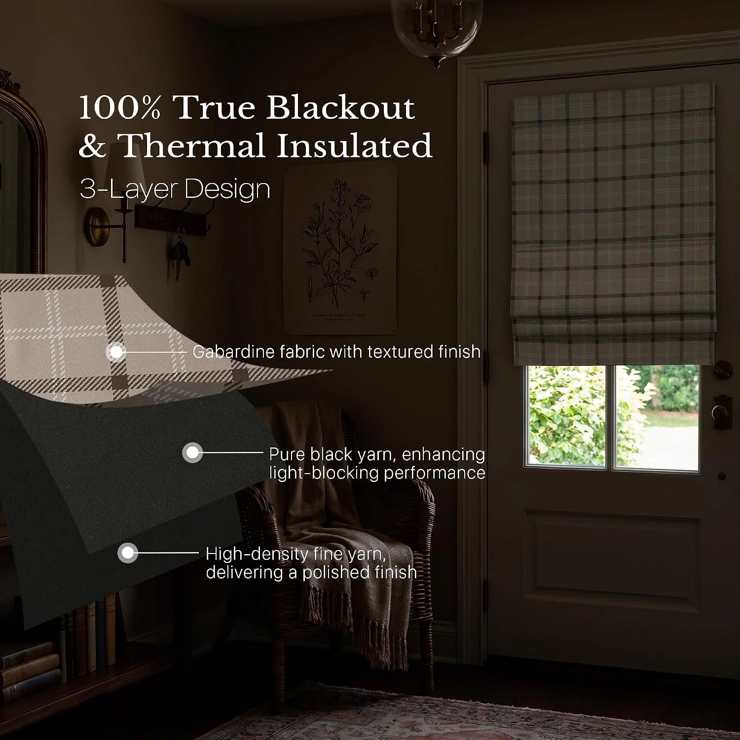 Gray plaid blackout Roman shade on a door window in a cozy traditional entryway