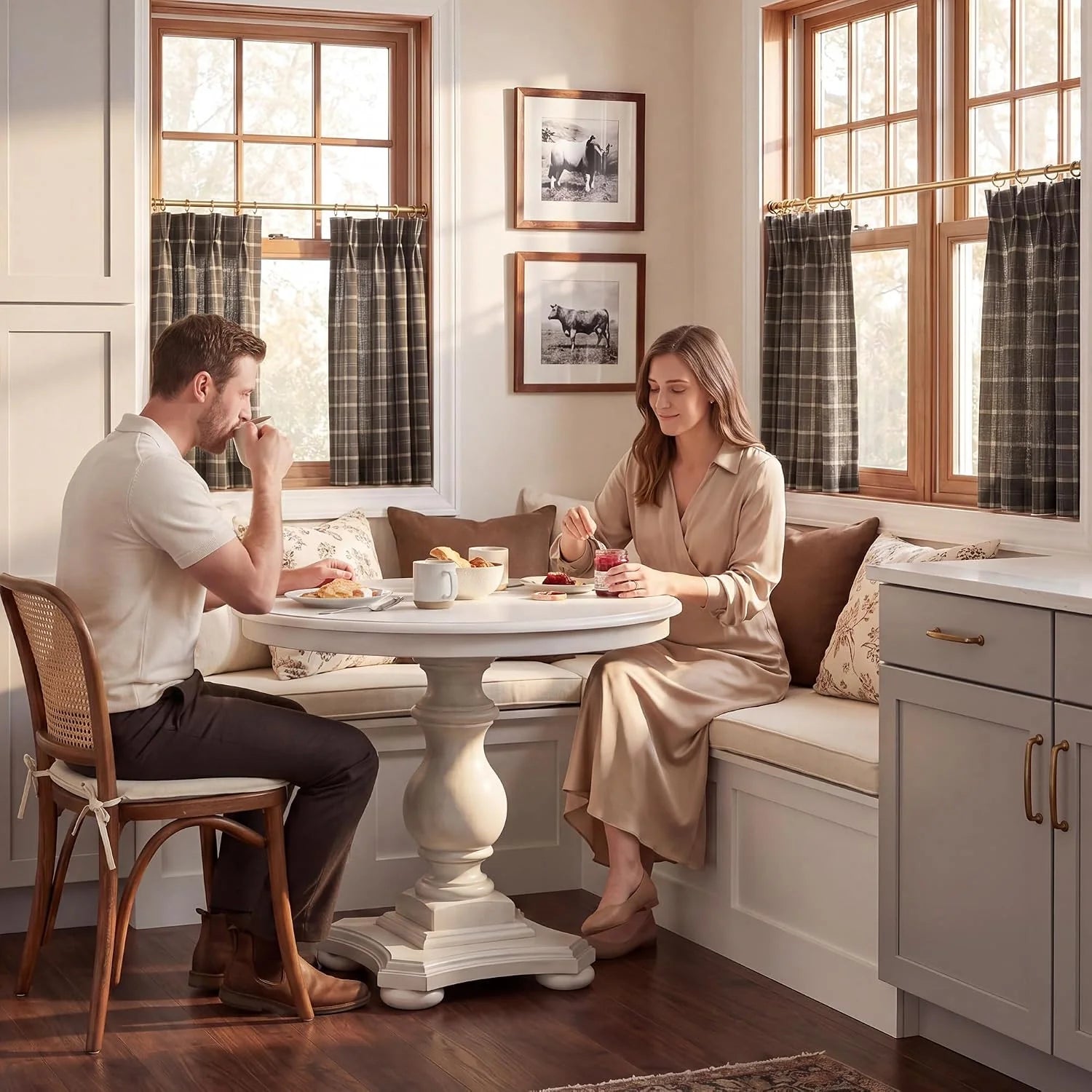 Gray plaid cafe curtains on brass rods in a cozy breakfast nook with couple dining