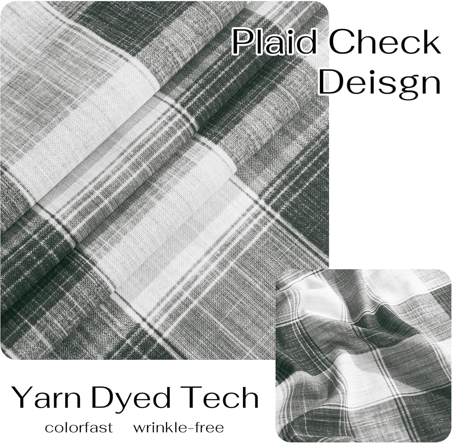 Close-up of a gray and white yarn-dyed plaid check fabric, showcasing its colorfast and wrinkle-free texture.