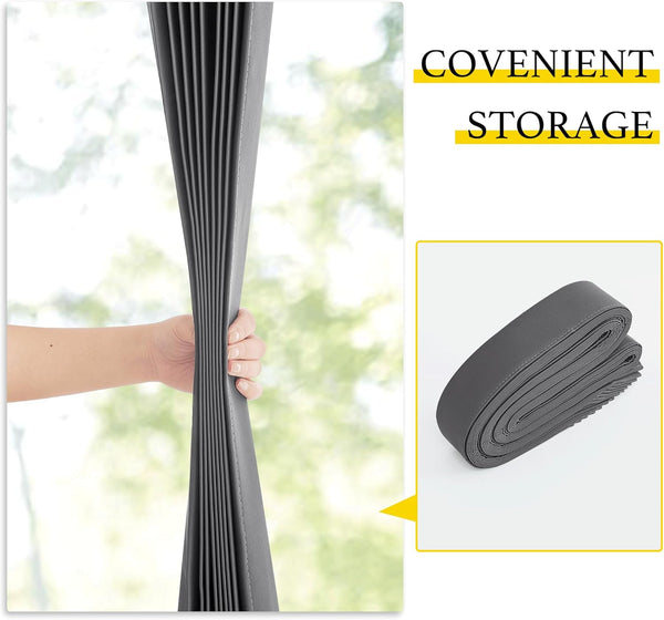 Hand holding gray pleated cellular window shade, demonstrating flexibility and roll-up storage.