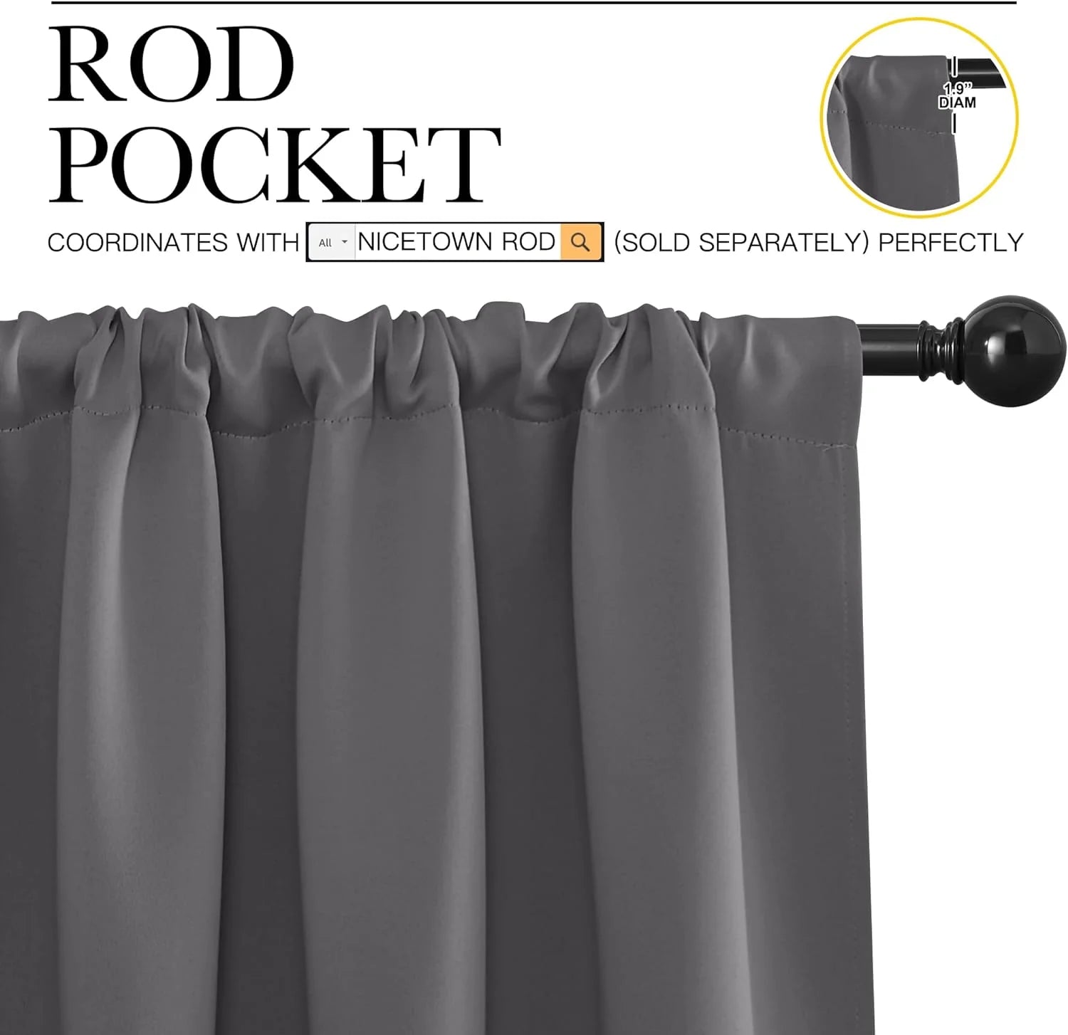 Gray rod pocket blackout curtain panel on a black curtain rod with gathered top