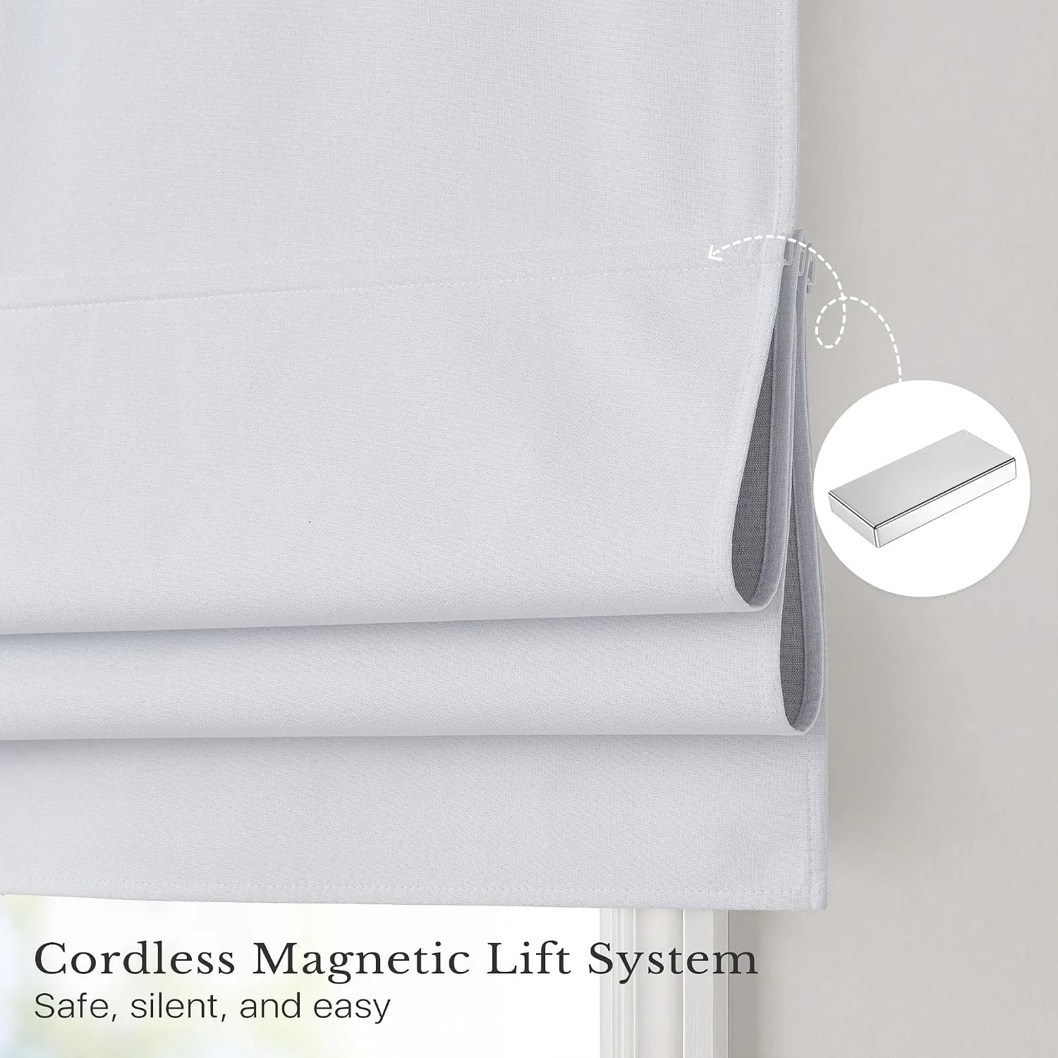 Light gray cordless Roman blind showcasing the magnetic lift system for smooth operation