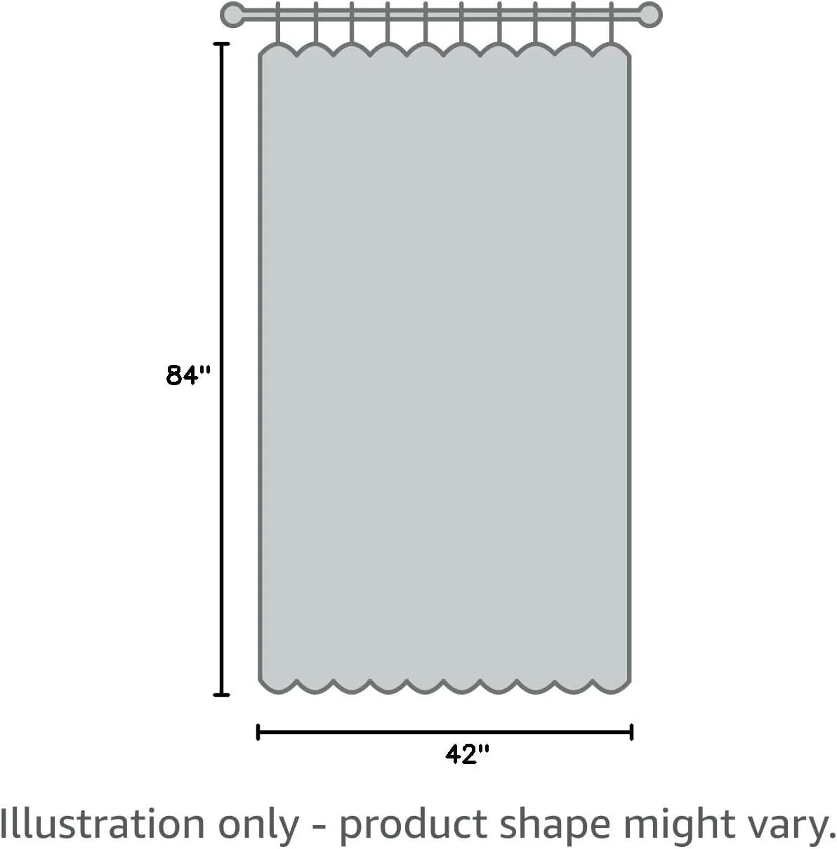 Gray curtain panel illustration with scalloped top and bottom, sized 42 by 84 inches