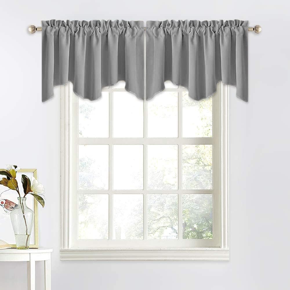 Solid gray window valance with a gathered rod pocket top and decorative scalloped bottom edge.