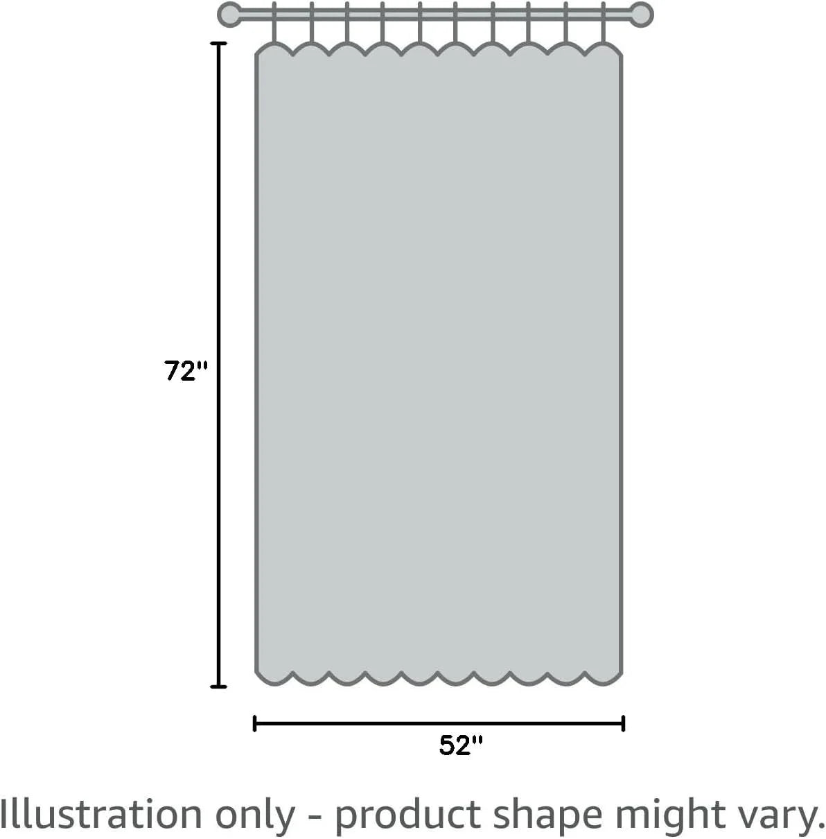 Gray curtain panel illustration with scalloped edges, 52 by 72 inch dimensions