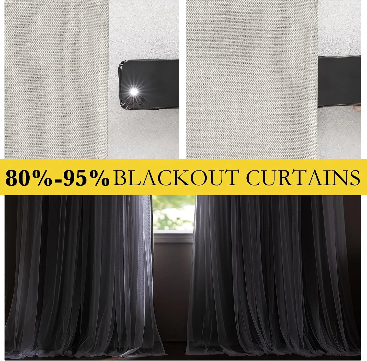 Gray sheer blackout curtains shown with flashlight test and window light blocking