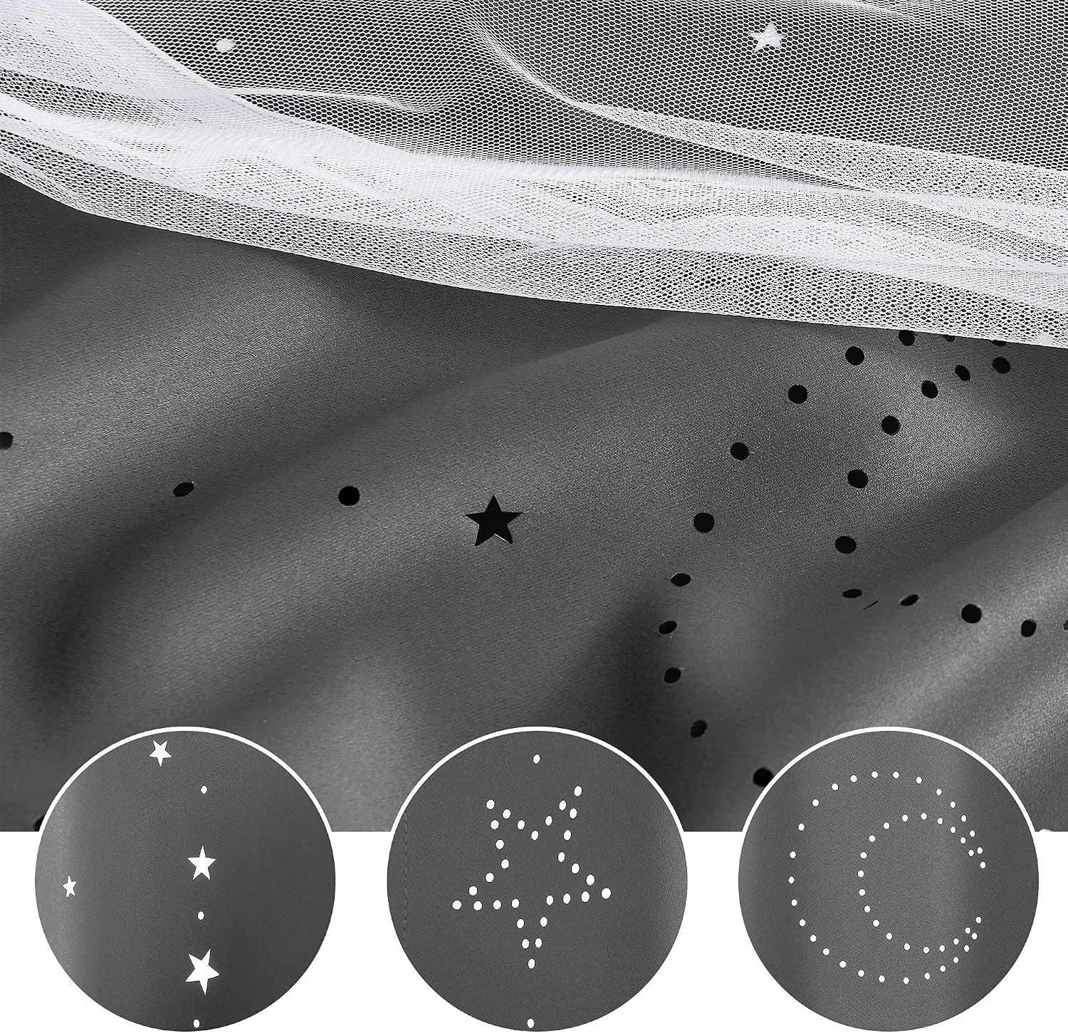 Gray curtain fabric with white sheer mesh overlay and star, dot, and moon cutout pattern