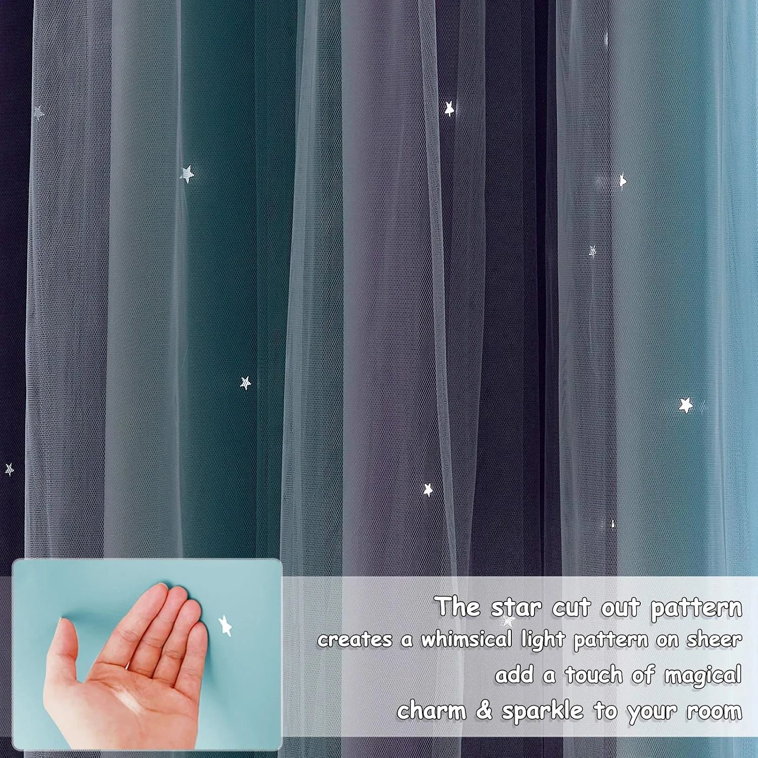 Gray sheer curtain panel with small star cutout details in translucent mesh fabric