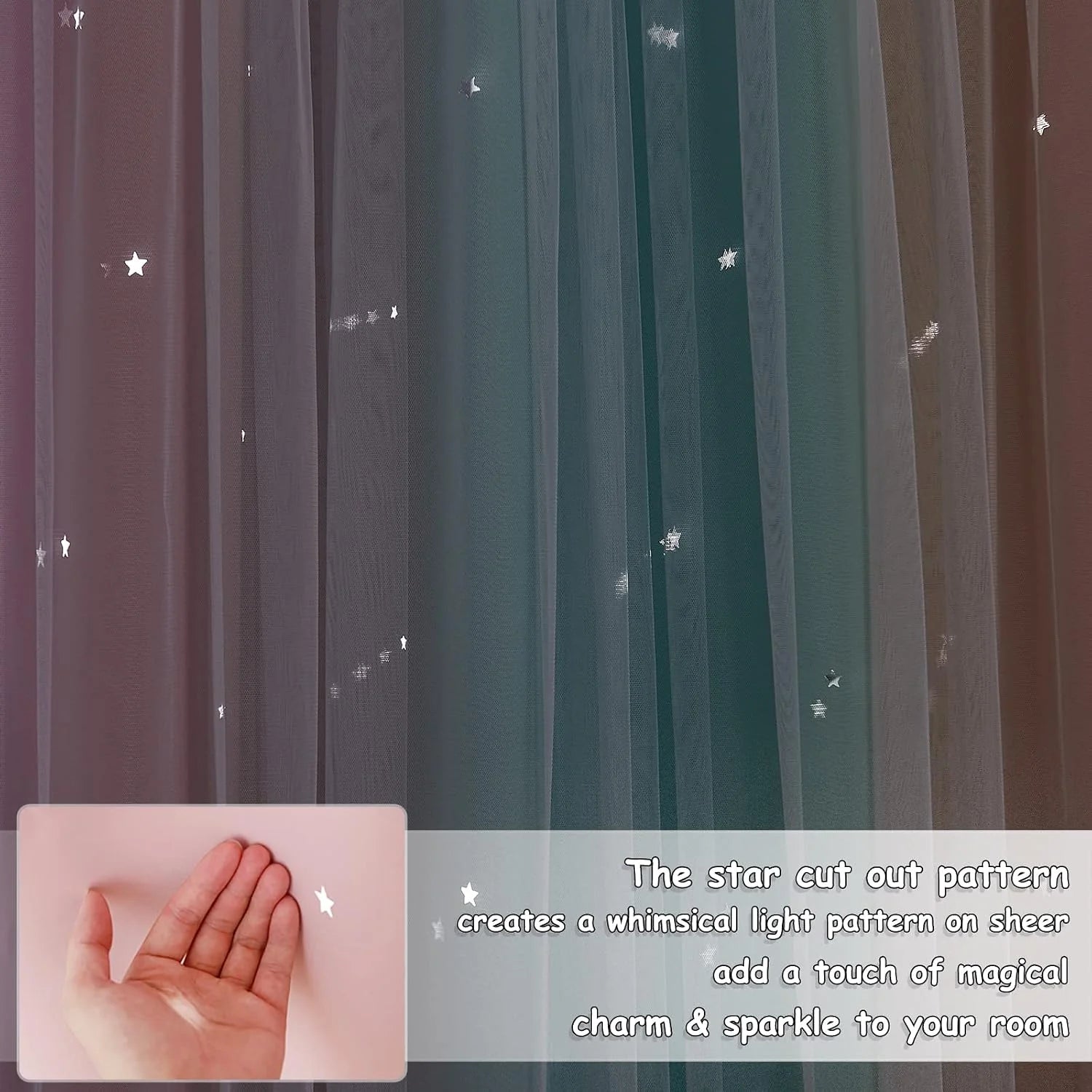 Gray sheer curtains with star cutout details casting soft light patterns