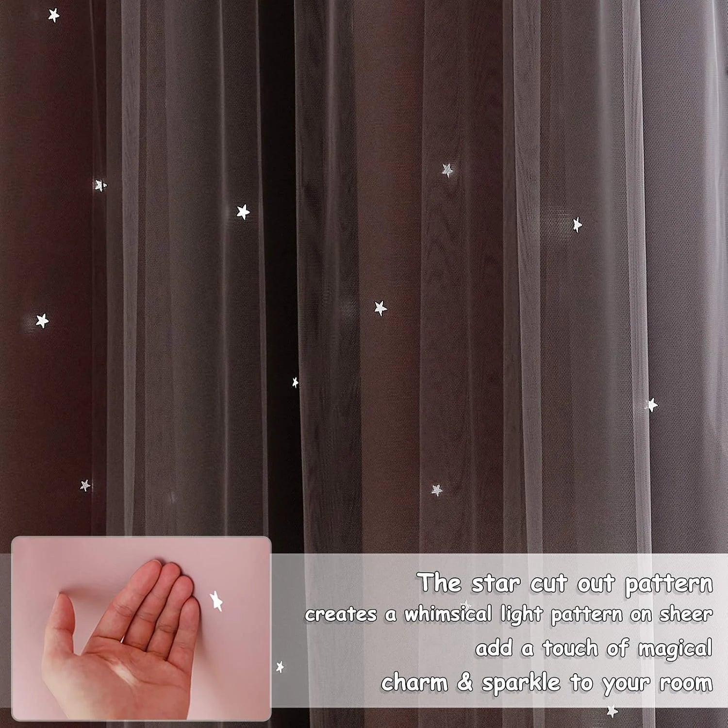 Gray sheer curtains with white star cutout pattern and soft layered mesh texture