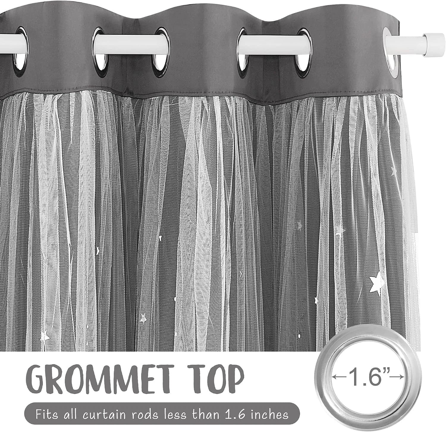 Gray sheer star curtain panel with silver grommet top on a white rod