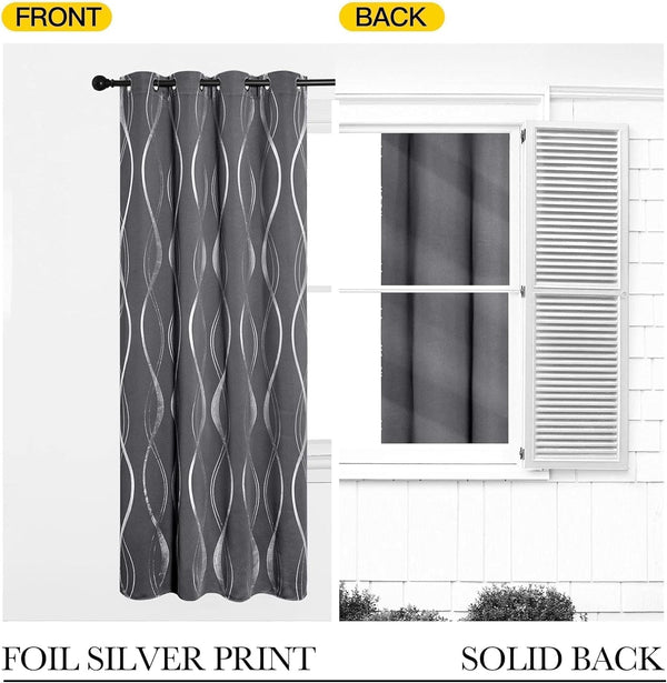 Gray blackout curtain with shiny silver wavy foil print and grommet top, showing front and solid back.