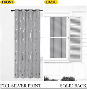 Light gray grommet top curtain featuring wavy silver foil print on front, contrasted with a solid gray back.