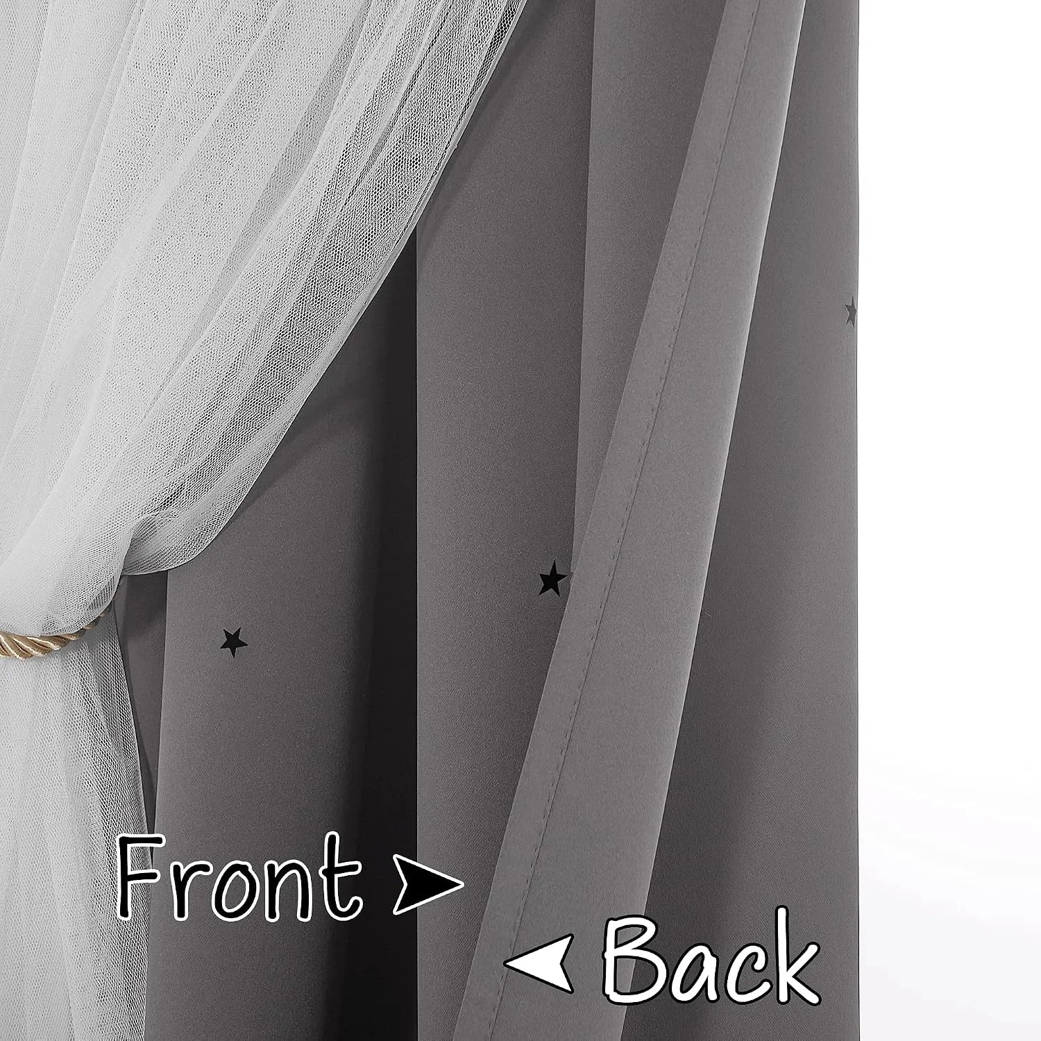 Gray blackout curtain panel with small black stars and sheer white front layer