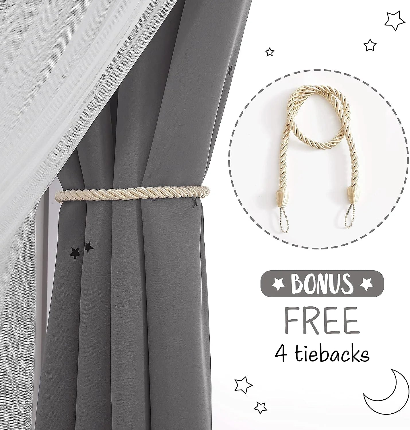 Gray star-print kids curtain with white sheer panel and cream rope tieback