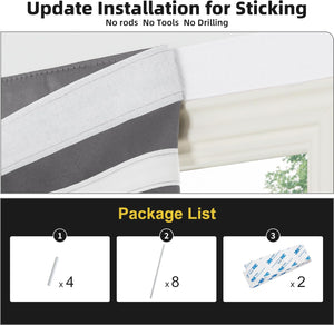Gray and white striped self-adhesive window shade showcasing no-drill installation and included 3M mounting tape.
